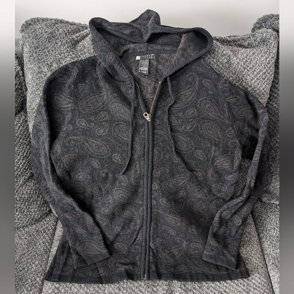 Vintage 100% Wool Carole Little Paisley Black Grandma Core Zip Up Hooded Sweater